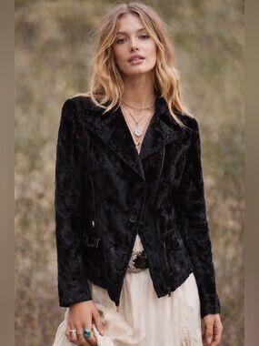 Carlisle Moto Style Black Crushed Velvet Jacket Size Medium